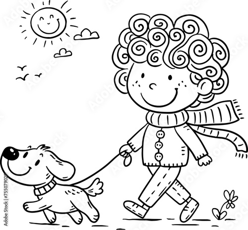 Curly-haired boy walks outdoors with his dog on a sunny spring day. Coloring page for children. Outline cartoon vector illustration