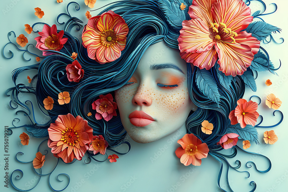 Abstract contemporary art collage portrait of young woman with flowers. Abstract contemporary art collage portrait of young woman with flowers.