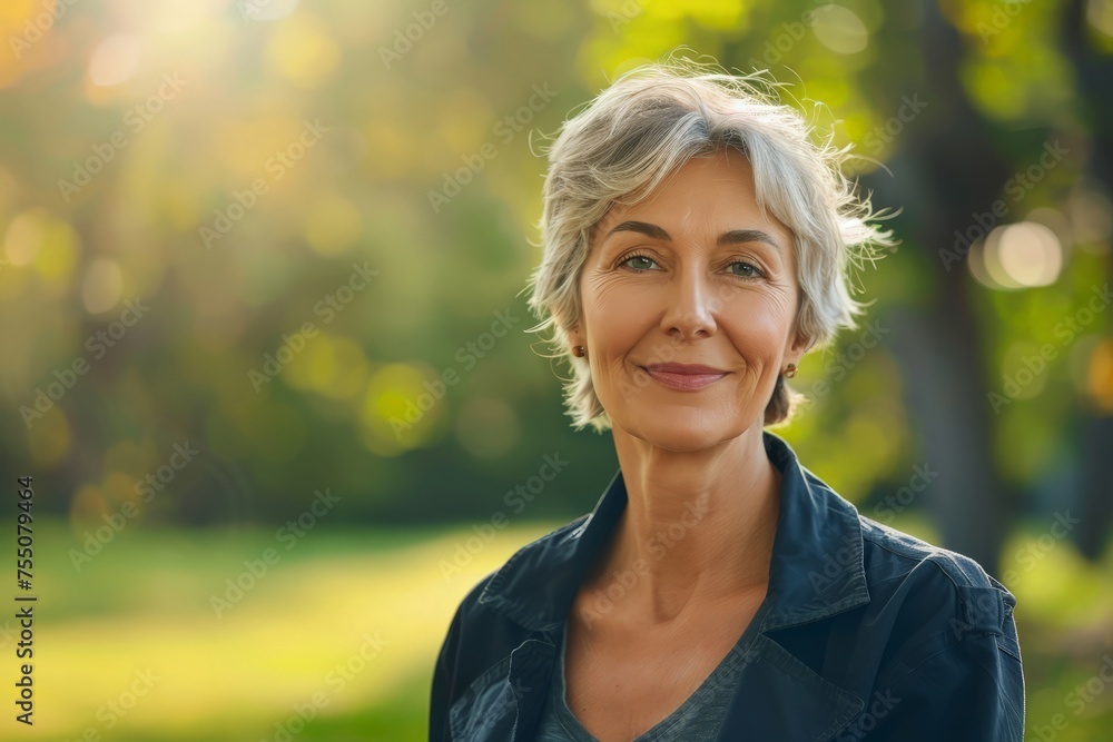 A mature woman with gray hair wearing a blue shirt smiles at the camera against a blurred green park background. A mature woman with gray hair wearing a blue shirt smiles at the camera against a blurred green park background.