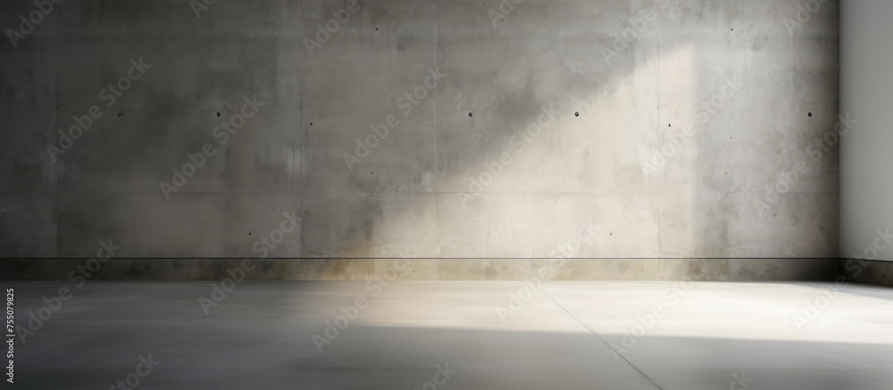 Black and white photograph of an empty concrete room with a single shadow cast on the wall. The room appears stark and devoid of any furniture or decor, creating a sense of emptiness and abandonment.