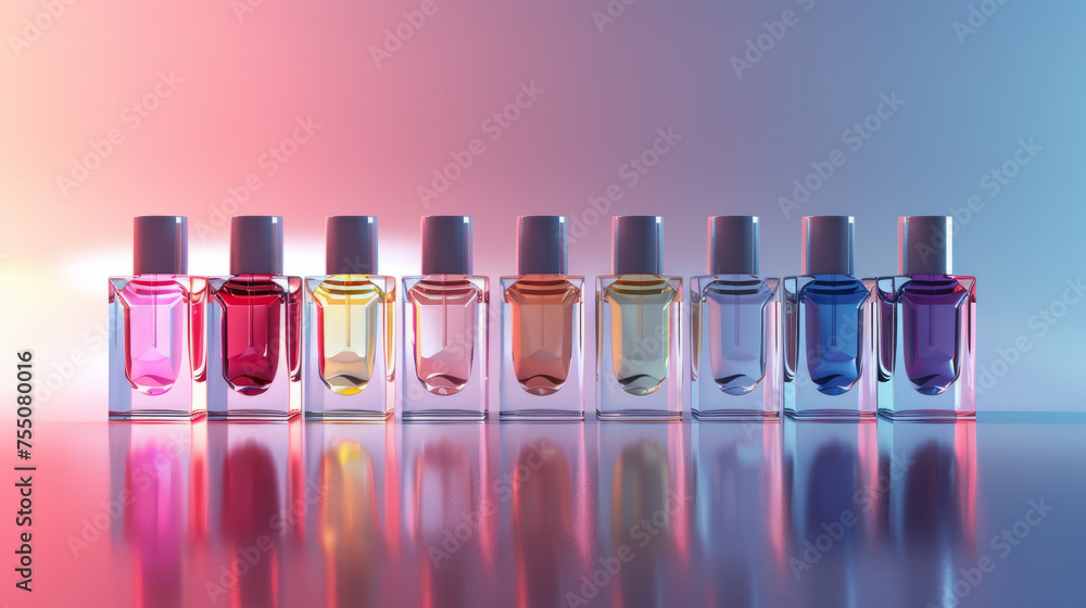 A vibrant display of glass perfume bottles with a color gradient and reflective surface against a bi-color backdrop A vibrant display of glass perfume bottles with a color gradient and reflective surface against a bi-color backdrop