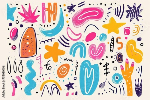 Doodle drawing featuring various shapes and sizes in vibrant colors with fun, cute elements on a simple background.