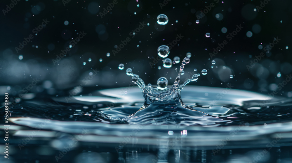 Crystal clear water drop falling into calm water creating a delicate splash and ripples