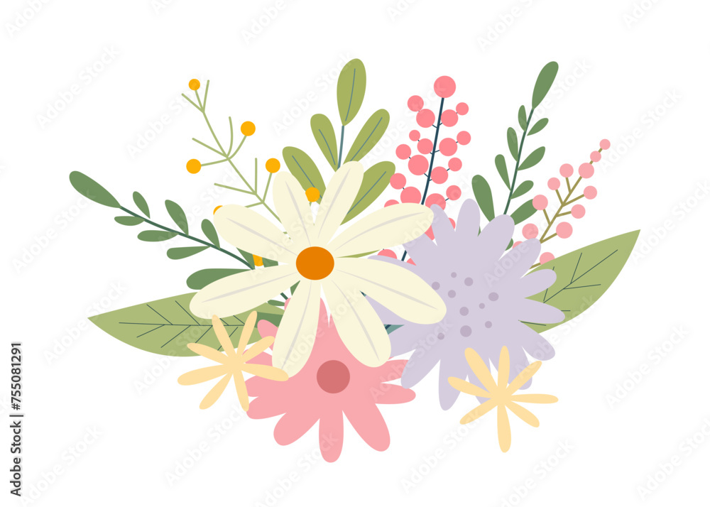 Beautiful spring or summer bouquet on a white background. Cute hand drawn flat vector flowers, leaves, berries. Vector illustration for card, banner, poster, wedding invitation. Floral spring poster. Beautiful spring or summer bouquet on a white background. Cute hand drawn flat vector flowers, leaves, berries. Vector illustration for card, banner, poster, wedding invitation. Floral spring poster.