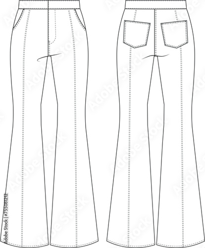 denim jean wide leg flared pocket detailed mid rise mid waist pant trouser template technical drawing flat sketch cad mockup fashion woman design style model 
