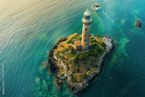 A lighthouse stands in the center of an island surrounded by the sea. photo