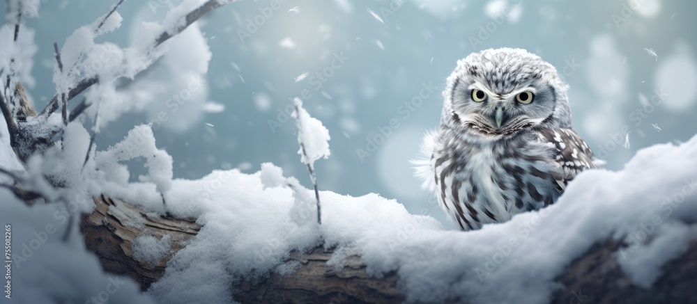 A bird of prey, the owl sits on a log in the freezing winter snow, its ...