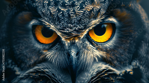 Yellow eyes of horned owl close up