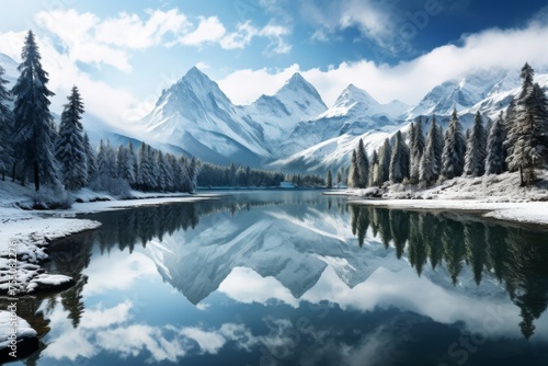 Frosty Mountain Lake Isolated on Transparent Background