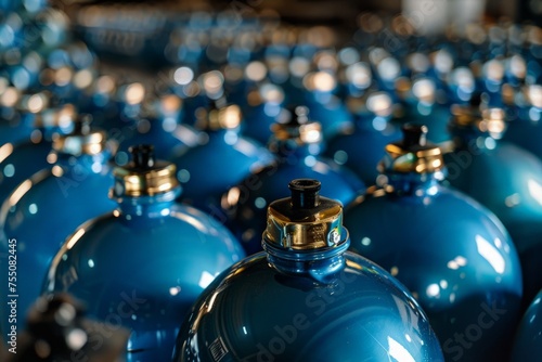 Cluster of tightly packed blue propane gas bottles in an industrial setting, with selective focus creating depth. photo