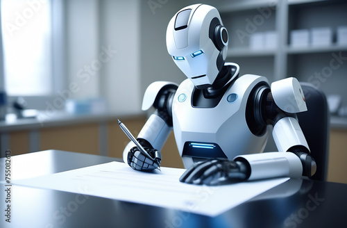 A Robot hand draws a blueprint on paper. Artificial robotic write down some notes with pen. Cyborg robot writing on the sheet paper.