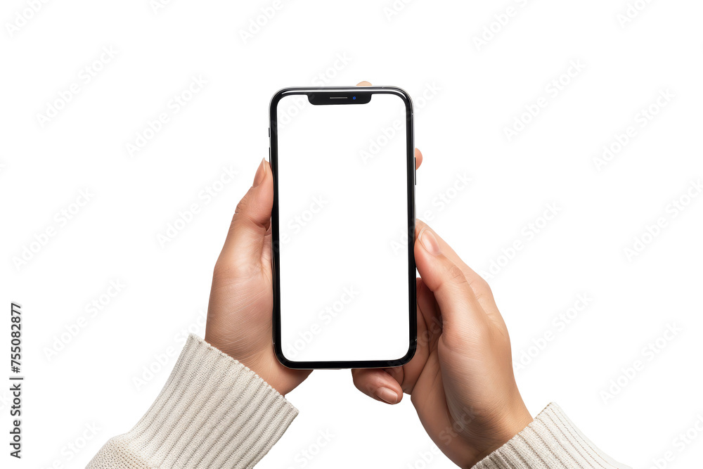 Blank white screen of Mobile phone with hand holding phoneisolated on ...