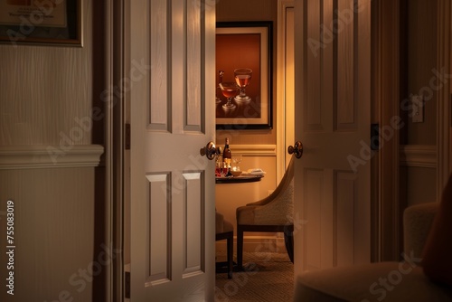 An inviting hotel room with a chair, table, and welcome drink under soft lighting