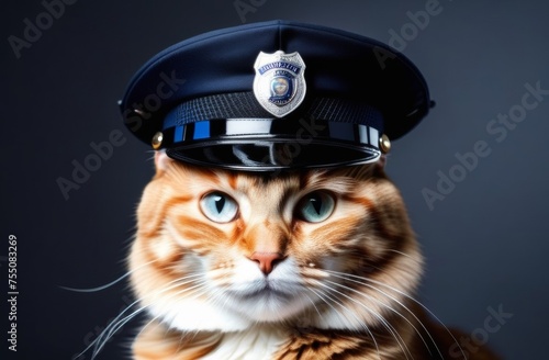 Cat face or cat head in a police hat. The cat is dressed as a policeman. The cat wears a police cap and uniform. Cute little kitten in the form of a police officer with a cap