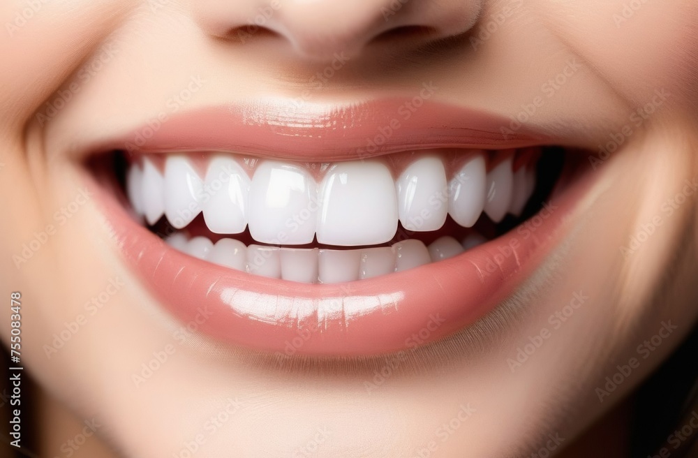 Close up of lower face part and toothy smile of woman. Close up smile of young teen happy female woman great white teeth. Health. Oral care concept. Close up of lower face part and toothy smile of woman. Close up smile of young teen happy female woman great white teeth. Health. Oral care concept.