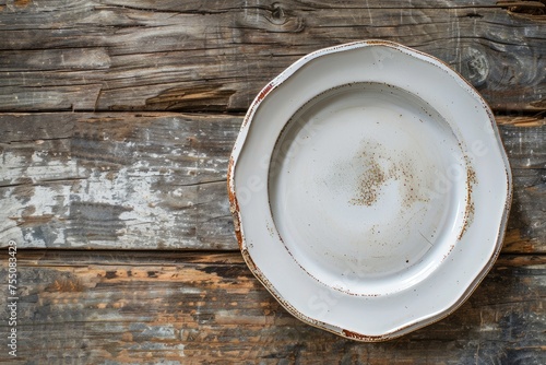 A white porcelain plate placed on top of a rustic wooden table, offering a simple and clean aesthetic