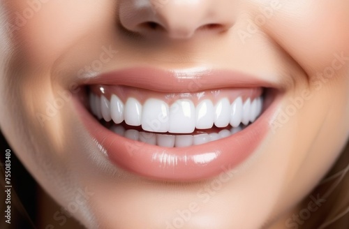 Close up of lower face part and toothy smile of woman. Close up smile of young teen happy female woman great white teeth. Health. Oral care concept.