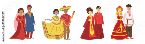 Man and Woman Couples in Folk Costume Vector Set