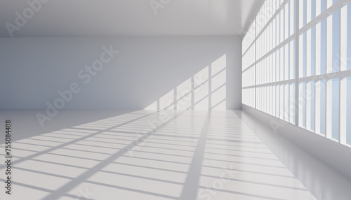 White room with big window. Sunlight room and big window. Office interior with large windows. 3d render. White interior and big window. Big window, walls with white textured wallpaper and sunlight