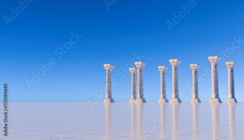 Roman columns on blue sky - 3d render. Ancient marble pillars in a row. Colonnade with daric columns. Public building. Ancient greek temple. 3d rendering. Pedestal for cosmetic product and packaging  photo