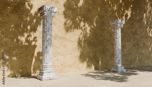 Roman columns on biege. Ancient marble pillars. Colonnade with daric columns. Public building. Ancient greek temple. 3d rendering. Pedestal for cosmetic product and packaging. Minimal nature scene photo