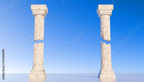 Roman columns on blue sky - 3d render. Ancient marble pillars in a row. Colonnade with daric columns. Public building. Ancient greek temple. 3d rendering. Pedestal for cosmetic product and packaging 