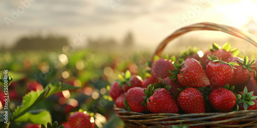 Close-up of ripe strawberries in a basket amid farmland during sunset photo