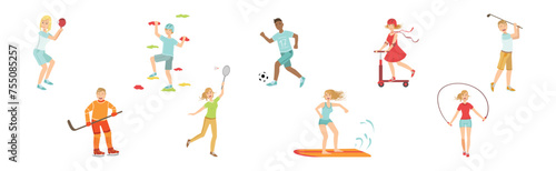 Man and Woman Character Do Sport and Different Physical Activity Vector Set