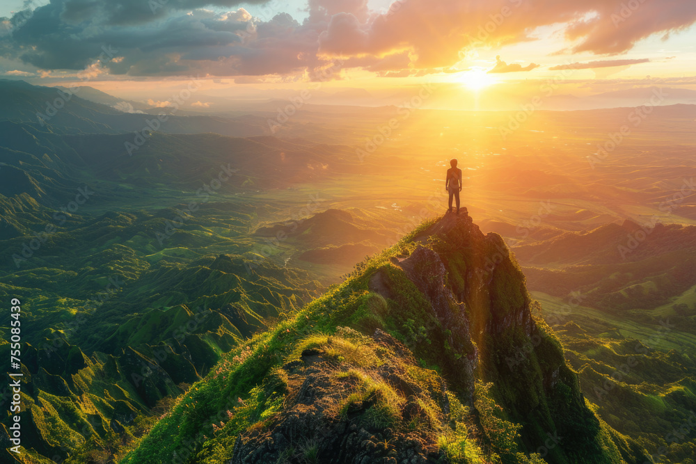 Person standing on top of the mountain and looking at the beautiful sunset