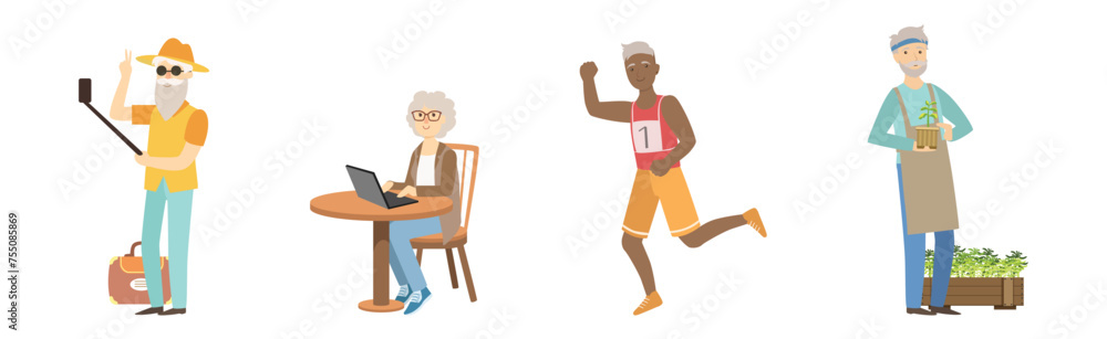 Senior Man and Woman Character Do Different Activity Vector Set
