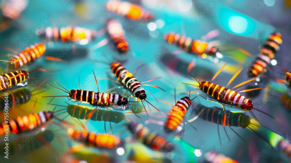 Close-Up of Aquatic Insect Larvae in Water Against Colorful Backdrop Close-Up of Aquatic Insect Larvae in Water Against Colorful Backdrop