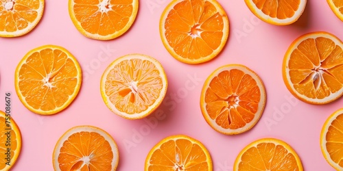 Several oranges are cut in half, arranged on a pink surface.