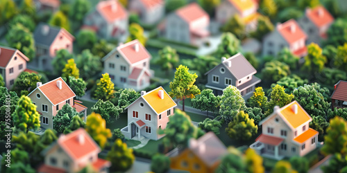 An illustrative ultra-realistic 3D concept of the housing market, residential real estate, real estate investment growth.  Generative AI