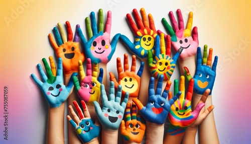 Several children's hands painted with bright colors and smiling faces, raised up against a white background, showing joy and creativity.
