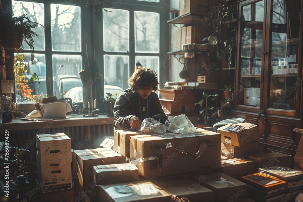 A solitary man immersed in organizing an array of boxes in a sunlit room A solitary man immersed in organizing an array of boxes in a sunlit room