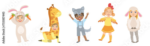 Cute Kid Character Wearing Animal Costume Enjoy Party Vector Set