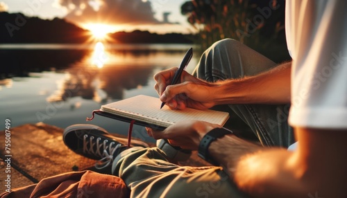 A person writing in a notebook by a lake at sunset captures a moment of inspiration or contemplation, blending natural beauty with creative pursuit. photo