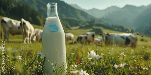 Fresh milk bottle with a blue cap stands in a vibrant meadow, cows grazing in the sunny background symbolizing natural dairy photo