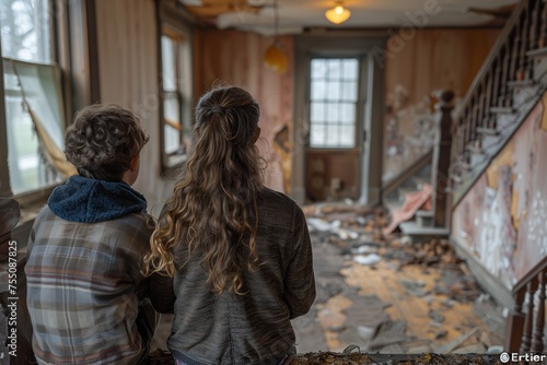 Two children seen from behind, contemplating a home interior ravaged by some calamity, surrounded by debris and destruction