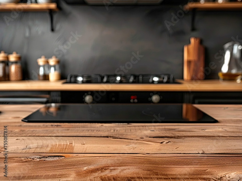 A loft-style natural wood countertop with a place to copy product advertisements on a blurred kitchen background at homeA loft-style natural wood countertop with a place to copy product 18