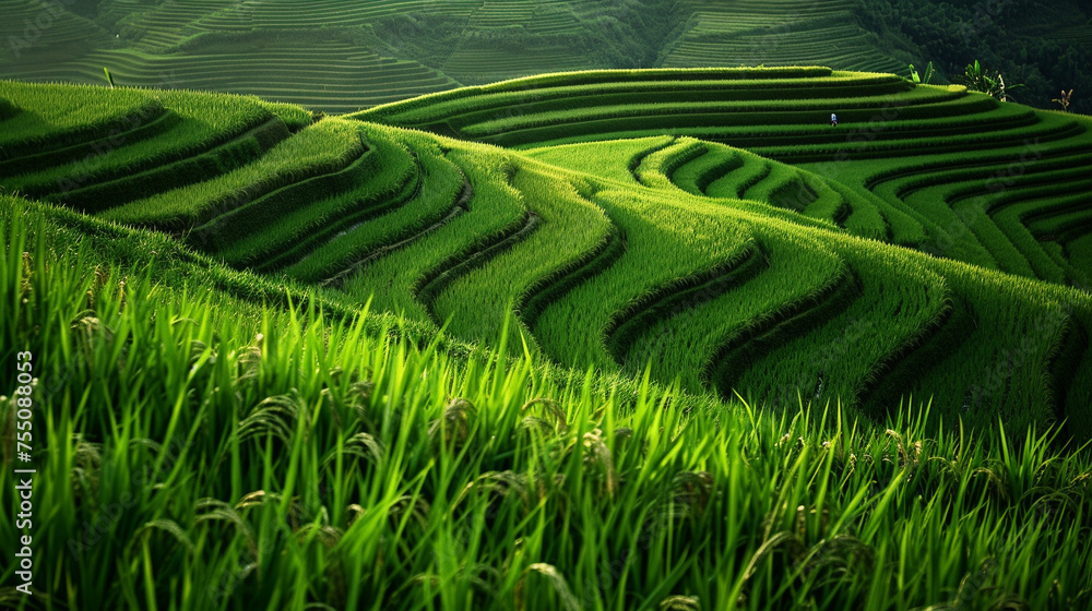 Rice terrace. Green wallpaper. Farmland or Meadown background.