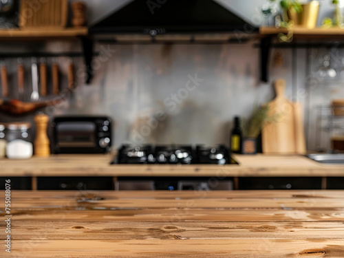 A loft-style natural wood countertop with a place to copy product advertisements on a blurred kitchen background at homeA loft-style natural wood countertop with a place to copy product  5