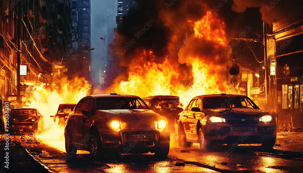 Burning cars, chaos on city street. Vehicles in flame. Night scene.