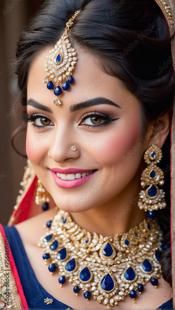 Royal Elegance: Plus Size Indian Bride Graces the Occasion in a Stunning Royal Blue Lehenga with Opulent Bridal Ornaments, generative ai Royal Elegance: Plus Size Indian Bride Graces the Occasion in a Stunning Royal Blue Lehenga with Opulent Bridal Ornaments, generative ai
