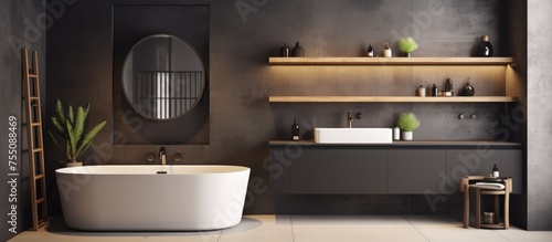 A contemporary bathroom featuring a white bathtub, sleek sink, large mirror, and functional shelves for storage and organization.