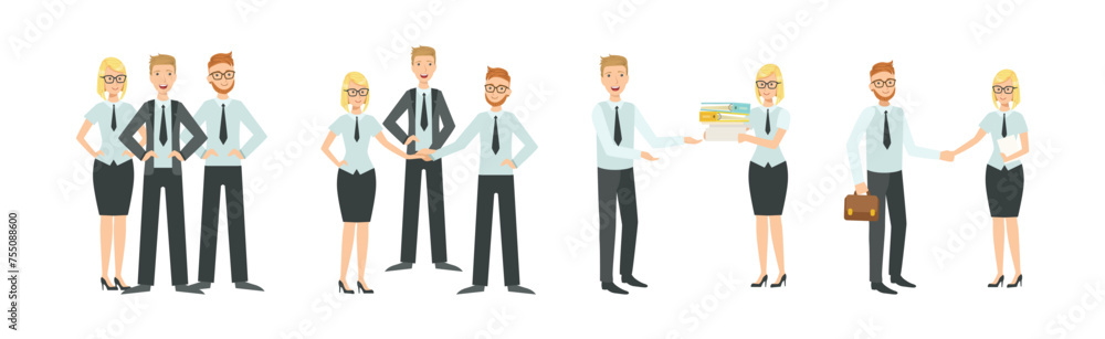 People Office Employee Character Engaged in Team Work Vector Set