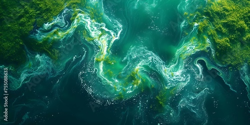 Capturing the vibrant beauty of fluid algae bloom in stunning aerial shot. Concept Nature Photography, Aerial View, Algae Bloom, Vibrant Colors, Stunning Beauty