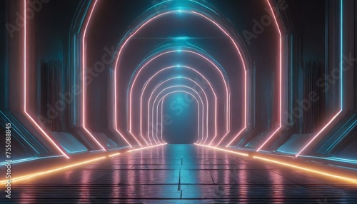 3D glowing lines tunnel neon lights virtual reality abstract background