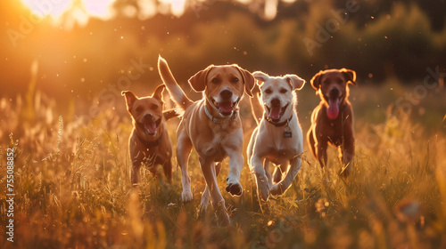 Group of dogs running through a pasture 