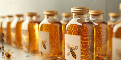 Row of glass bottles filled with honey, featuring honeycomb design and bee icons on labels